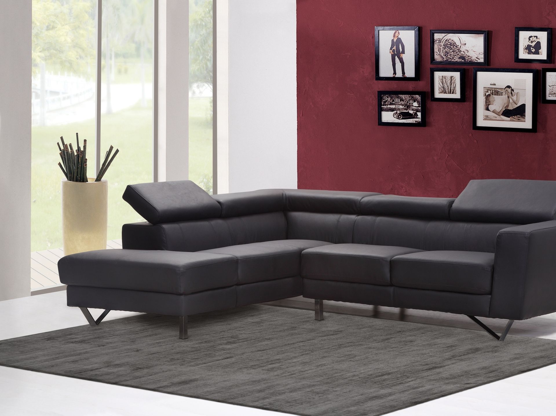 Photo of a gray lyocell rug with cut and loop optic in a modern living room with a black couch.